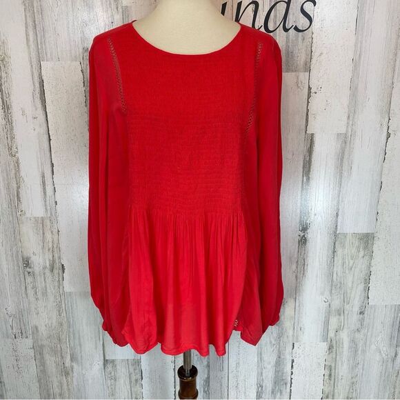 Express Light Red Smock Front Long Sleeve Peasant Boho Shirt Top Blouse Size L - Picture 3 of 9